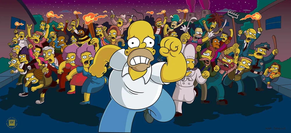 Angry mob chasing Homer